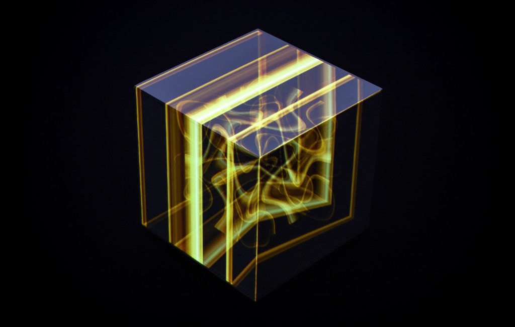 vVvoxel questions the fragility of our system of perception, and our relationship to real and virtual, via sensory experiences which confuse common sense of our senses. With video projection, the anatomy of the cube used in oqpo_oooo is being reinvented, allowing forms which were only presumed to become visible.